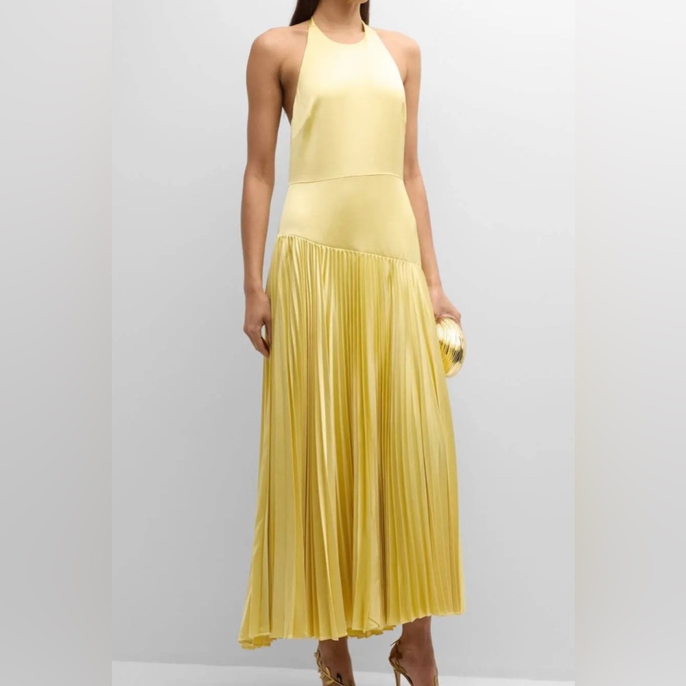 Alexis Saab pleated satin backless halter dress Ladies size small Light yellow